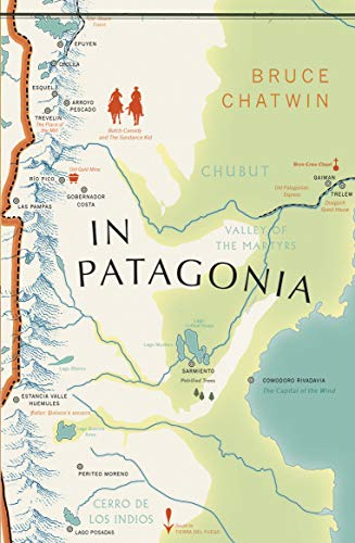 Book cover featuring a stylized map of Patagonia with text In Patagonia by Bruce Chatwin.