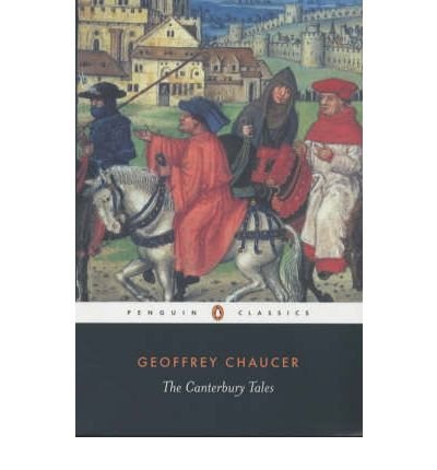 "Book cover of 'The Canterbury Tales' featuring medieval illustration of people on horseback."