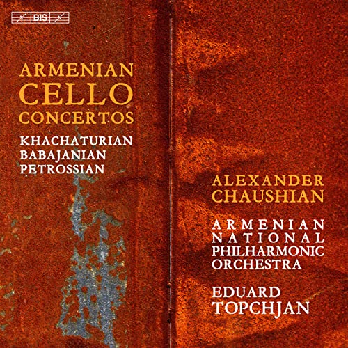CD cover for Armenian Cello Concertos by Chaushian, Topchjan, and orchestra.