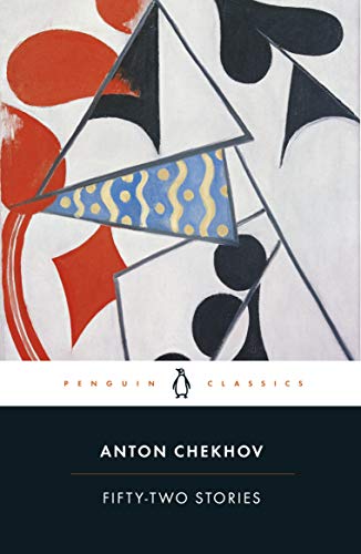 Book cover with abstract shapes, text “Anton Chekhov, Fifty-Two Stories.”