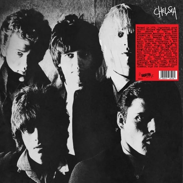 Black and white album cover featuring a band portrait with red text.