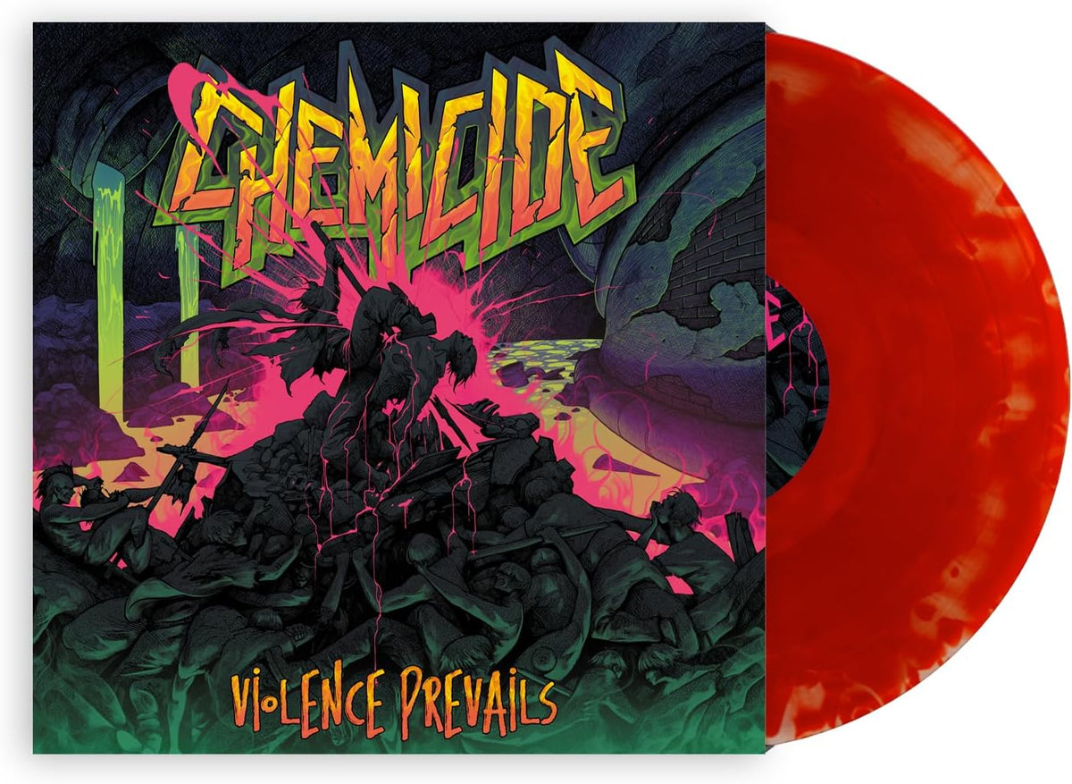 Album cover for Chemicide's "Violence Prevails" with red vinyl record.