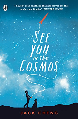 Book cover: silhouette of person and dog under starry sky with rocket.