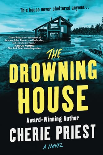 Book cover: dilapidated house on water, large yellow title "The Drowning House".