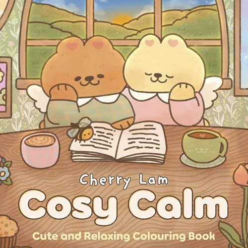 Two bear characters reading a book with drinks, cozy indoor scene.
