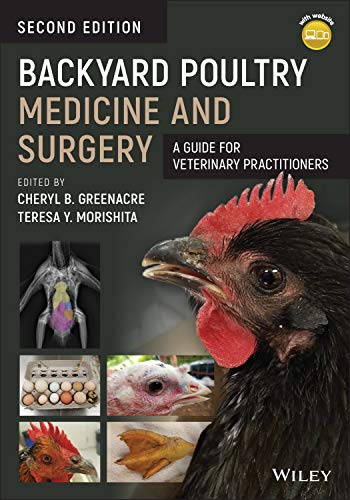 Book cover: "Backyard Poultry Medicine and Surgery" with a chicken portrait.