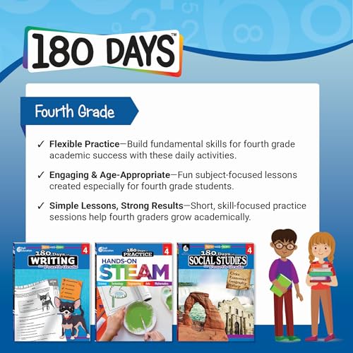 Fourth grade STEAM workbook cover with children and related subject books.