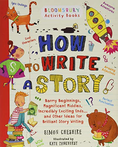 Colorful children’s book cover, “How to Write a Story,” with illustrated characters.