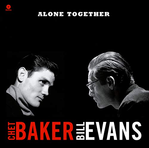 Black and white portrait of Chet Baker and Bill Evans facing each other.