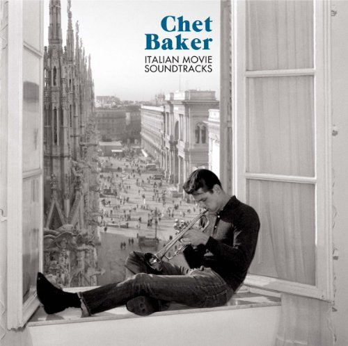 Chet Baker playing trumpet, album cover with Italian cityscape background.