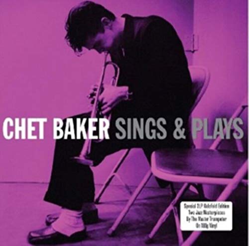 Chet Baker sits on a chair playing a trumpet in this purple-toned album cover.