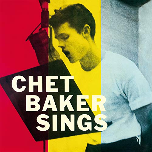 Chet Baker's album cover with bold text and divided colorful background.