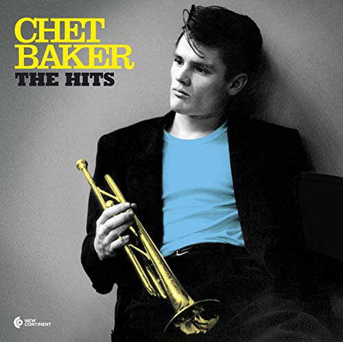 Chet Baker holding a trumpet, with yellow text and a blue shirt on cover.