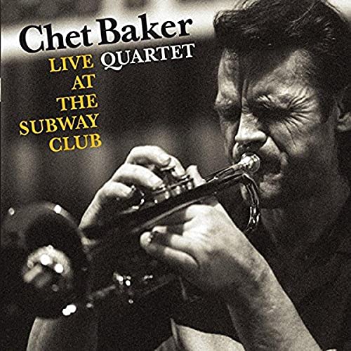 Black and white photo of Chet Baker playing the trumpet on a CD cover.