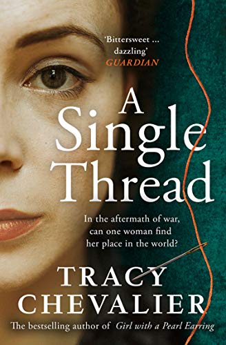 Book cover featuring a woman's face, a needle, and an orange thread.