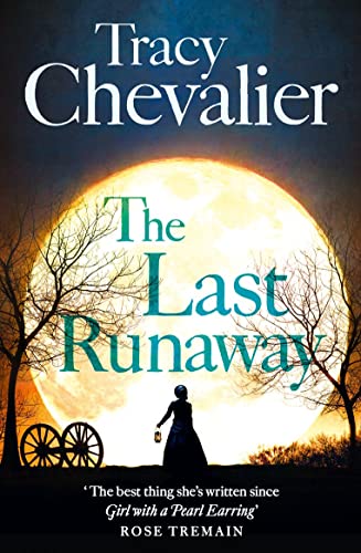 A woman holding a lantern stands before a large moon with silhouetted trees and wheels.