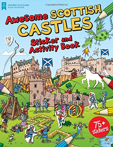 Colorful children’s activity book featuring Scottish castles, knights, and a unicorn.