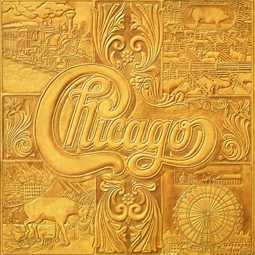 Golden album cover for Chicago Vii with train, animals, and Ferris wheel.