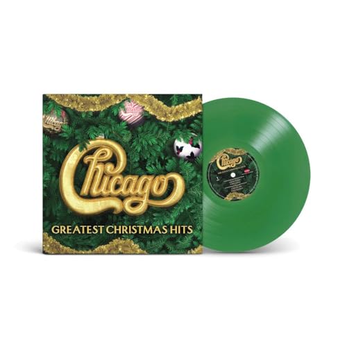 Chicago’s “Greatest Christmas Hits” vinyl record with green cover and disc.