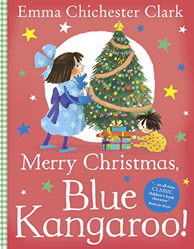 Girl decorating a Christmas tree with a blue kangaroo peeking out.