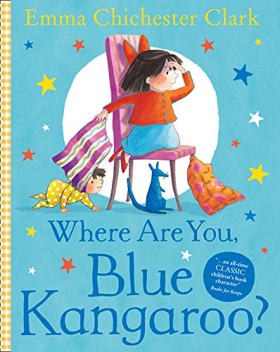 Book cover: girl looking for a blue kangaroo, stars, and toys.