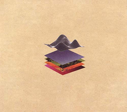 AbstractSymmetrical stack of colorful geometric layers topped with a wireframe wave on beige.