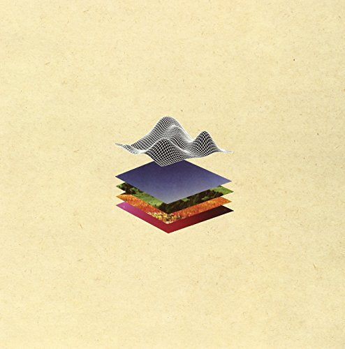 Vinyl record cover with abstract layered geometric and landscape design.