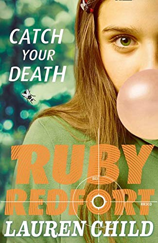 Book cover: girl blowing bubblegum, text "Ruby Redfort," and target reticle.