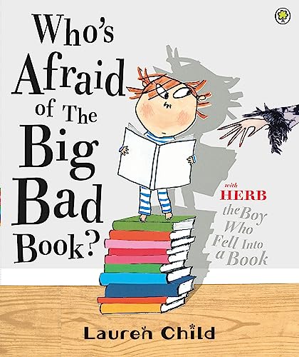 A cartoon boy stands on a stack of books, casting a large, ominous shadow.