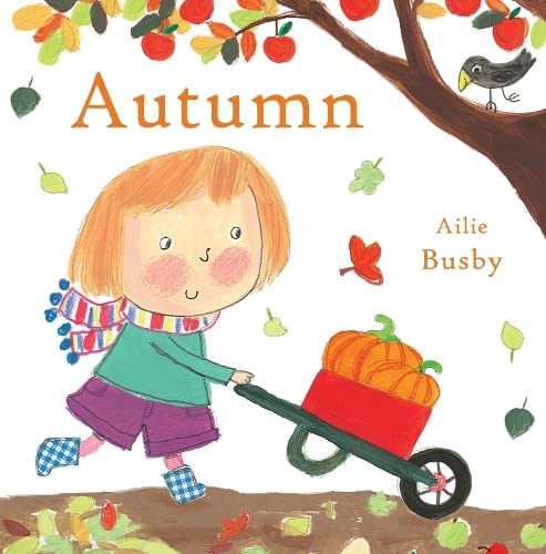 Illustration of a child pulling a pumpkin-filled wagon in autumn.