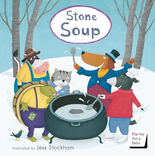 Animal characters gather around a large pot, making stone soup.