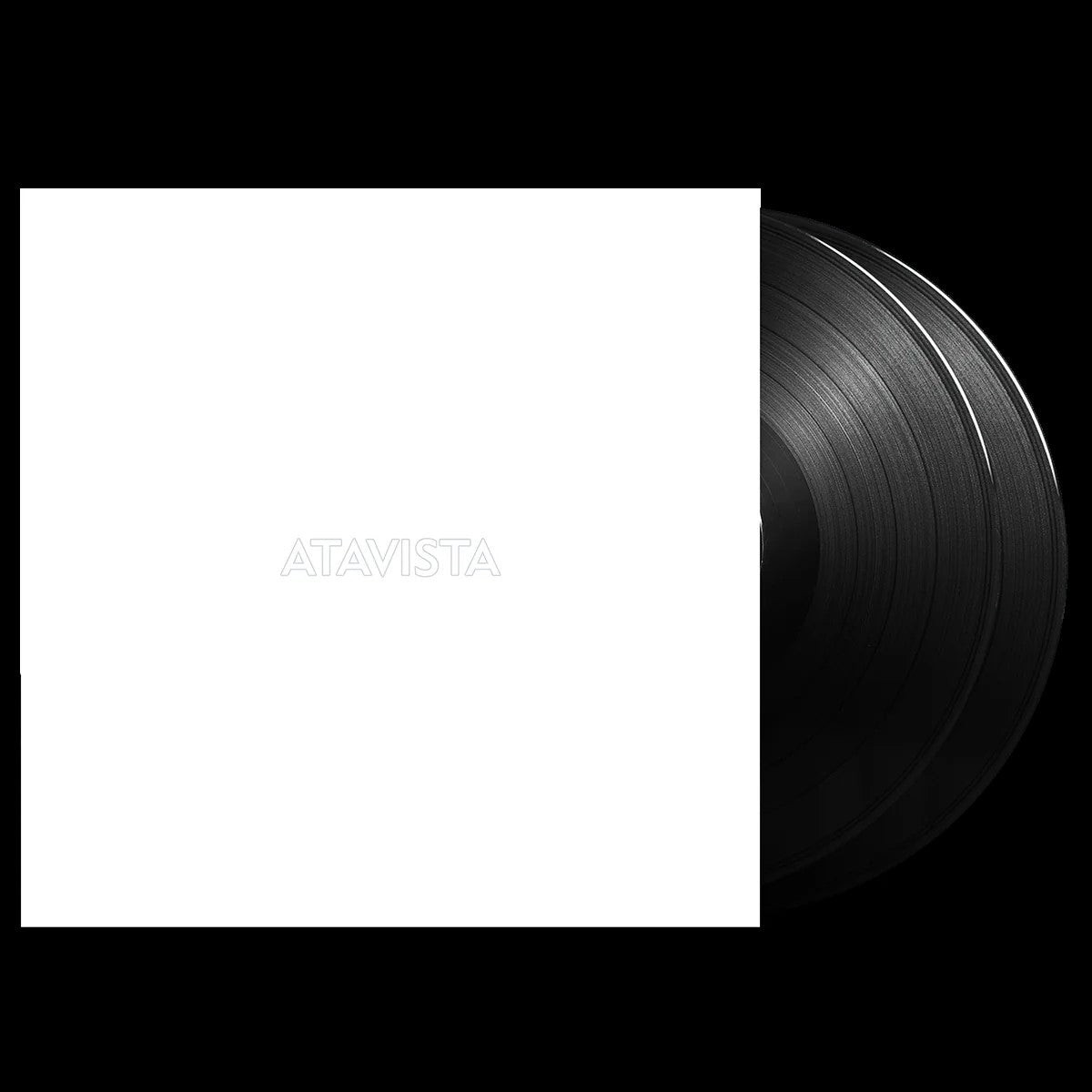 White vinyl record sleeve with the word ATAVISTA printed, next to black vinyl discs.