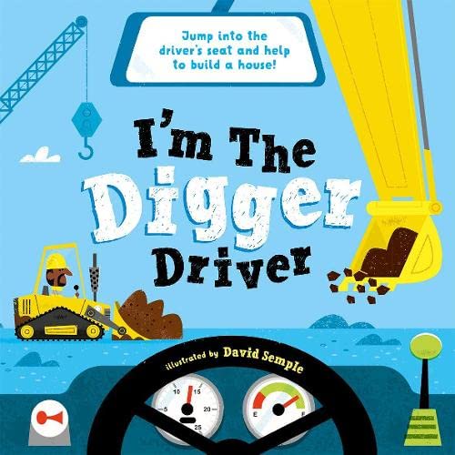 Children’s book cover featuring a yellow digger and steering wheel.