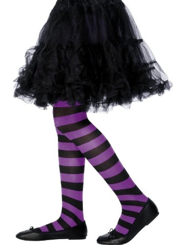 "Purple and black striped tights on a white background."