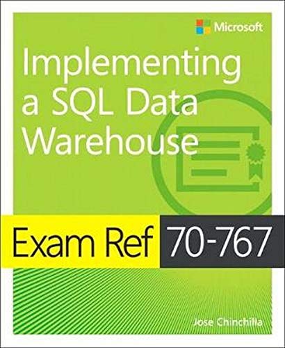 Green book cover with "Exam Ref 70-767 Implementing a SQL Data Warehouse" title.