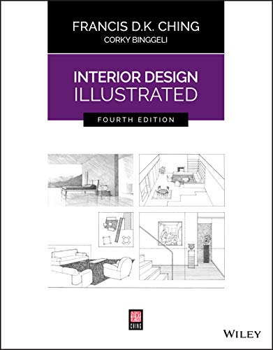 Book cover for Interior Design Illustrated 4th Edition featuring architectural sketches of room interiors.