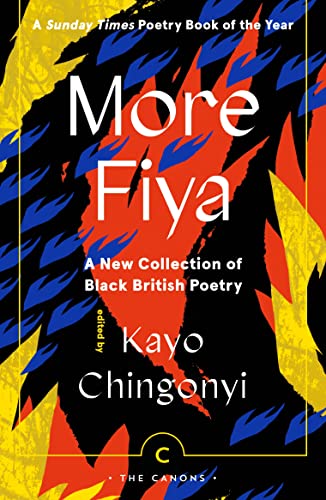 Book cover: "More Fiya" poetry collection, abstract red and blue design.