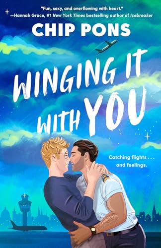 Book cover: two men embracing, airplane above a city skyline.
