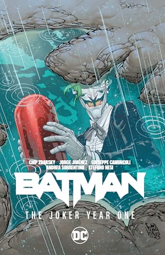 Comic book cover featuring The Joker in rain with a red object.