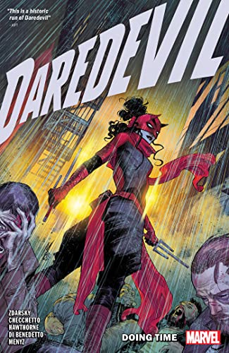 Daredevil in red suit stands amidst rain and fallen figures.