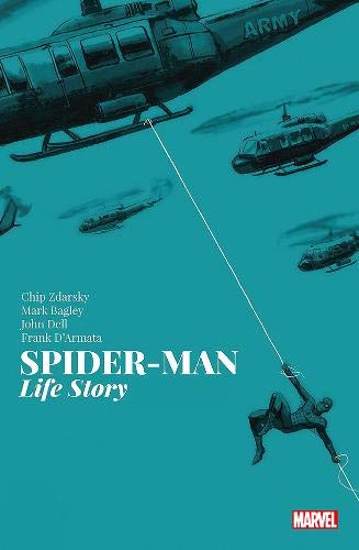 Spider-Man swings from a web attached to a military helicopter against a teal background.