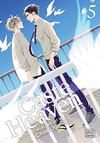 Manga cover: two young men leaning on a railing with birds and sky.