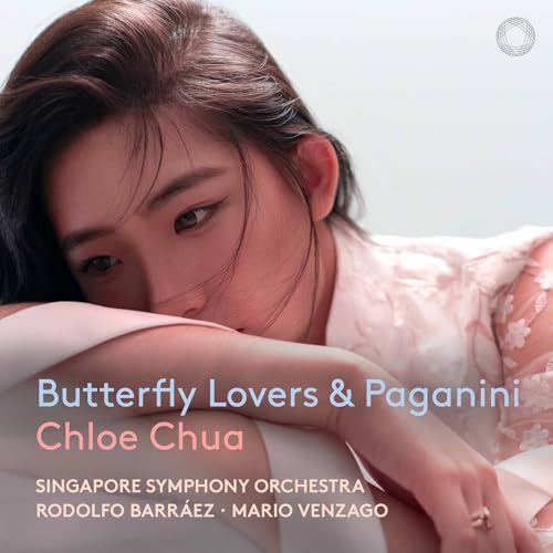 Close-up portrait of violinist Chloe Chua with album text overlay on a light background.