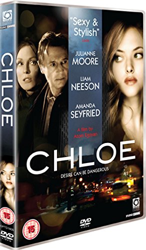 DVD cover for "Chloe" featuring Julianne Moore, Liam Neeson, and Amanda Seyfried.