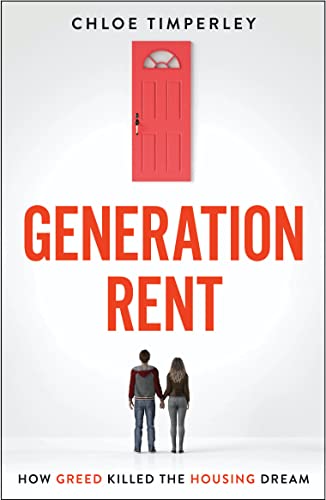 Book cover with red door illustration, couple silhouetted below, titled “Generation Rent”.