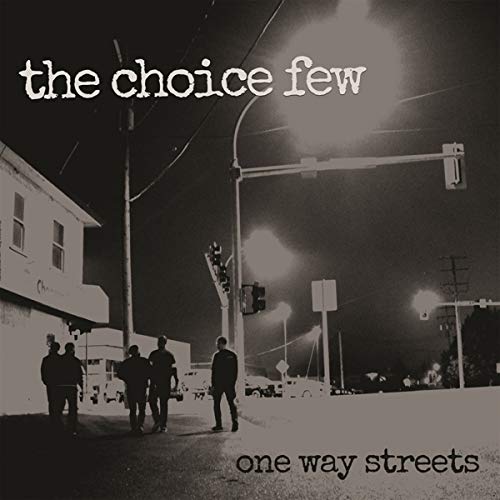 Black and white album cover with figures on a city street.
