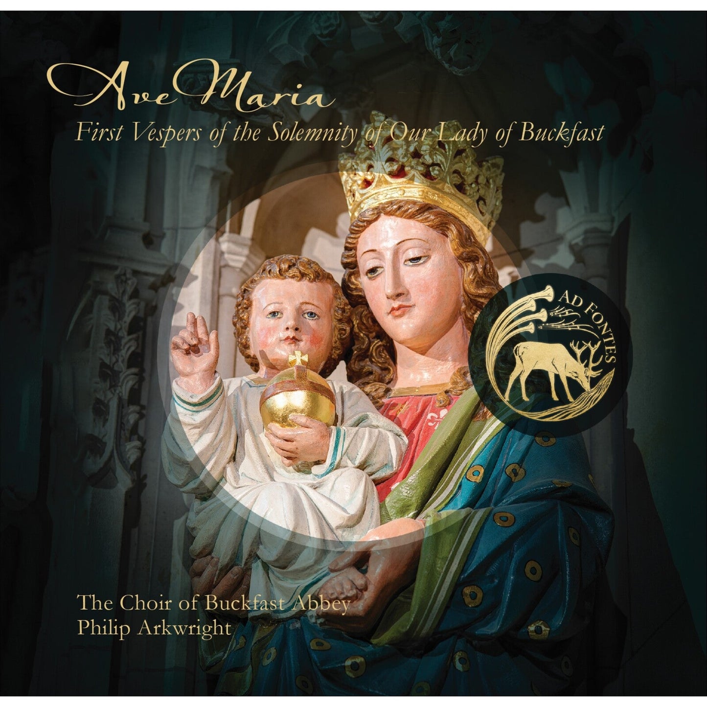CD cover: Mary and baby Jesus statue, religious artwork, gold details.