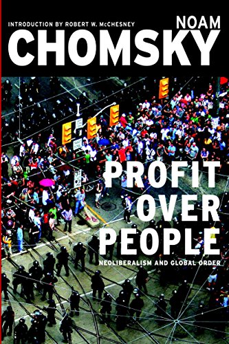 Book cover for Profit Over People by Noam Chomsky showing protesters and police officers.