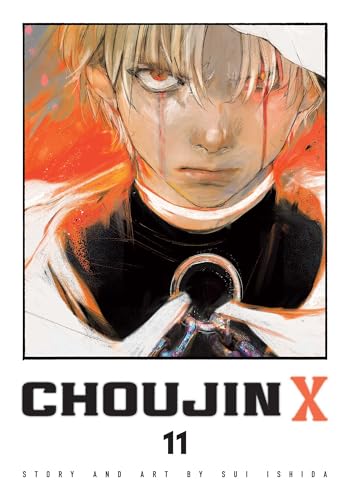 Blond-haired man with red eyes and blood tears on manga book cover, Choujin X Vol. 11.