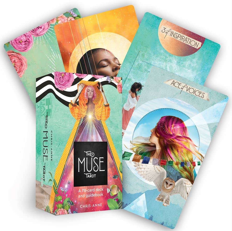 Colorful tarot deck with illustrated cards featuring women and abstract designs.